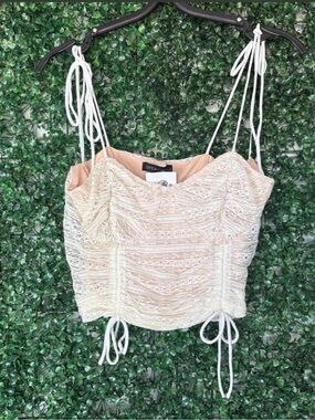 Cotton Candy Beige Lace Ruched Tie-Shoulder Crop Top